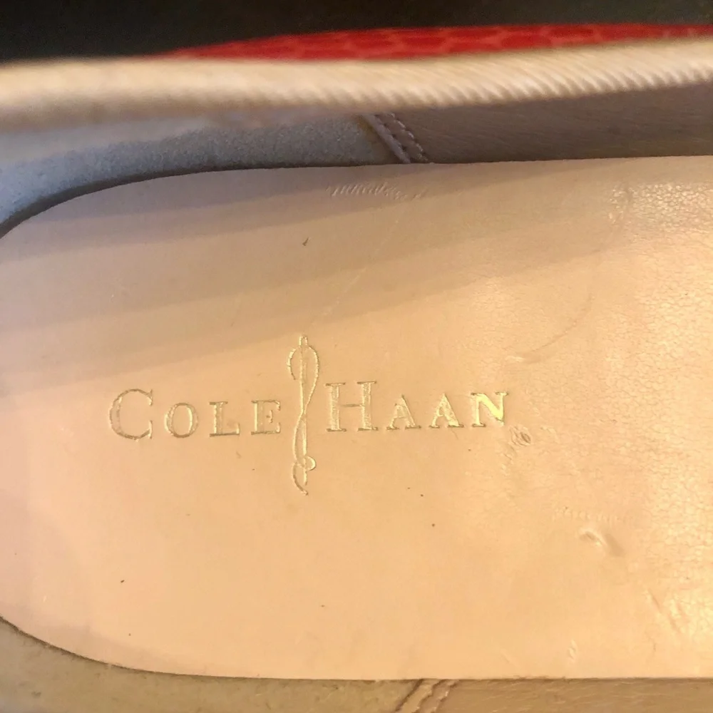 Cole Haan Orange Textured Leather Slip-On Flats with Khaki Trim - Picture 4 of 5